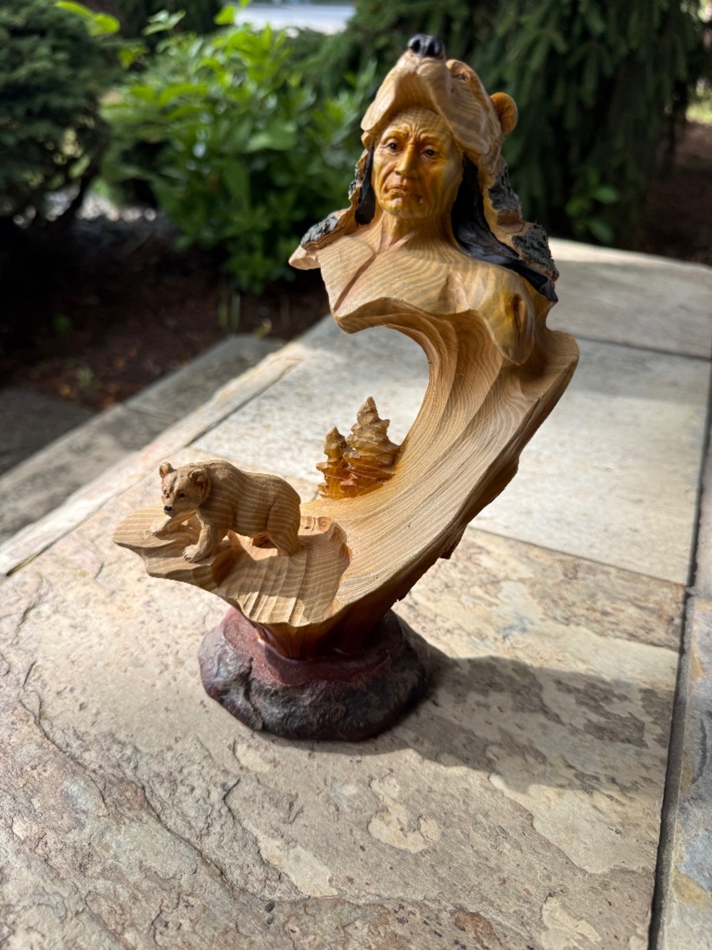 Native American & Bear Sculpture Carved Wood Resin Cast Rustic Cabin Decor.